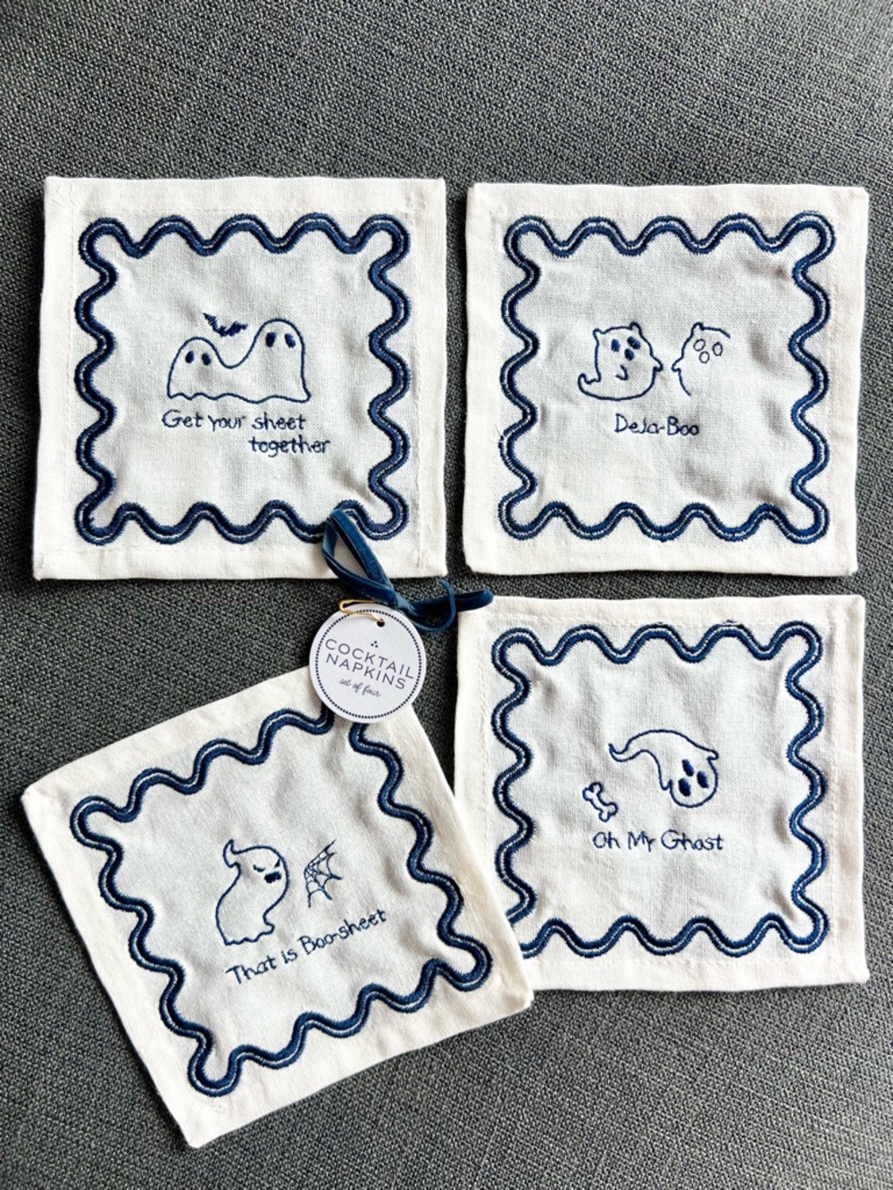 Anthropologie Halloween ghost boo cocktail party napkins 100% cotton - set of 4